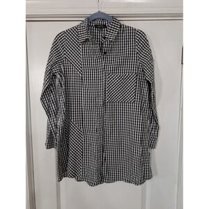 COMFY USA Black White Gingham Check Long Sleeve Button Front Shirt Tunic XS